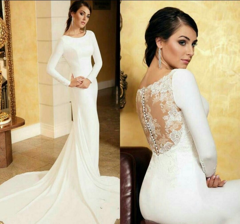 

New 2021 Scoop Long Mermaid Simple Satin Wedding Es Lace Natural Slim Bridal Gowns Custom Made Formal Robe De Mariee 70rl, Ivory