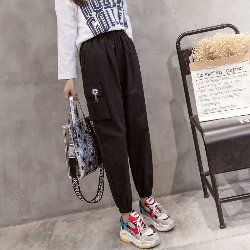 

2021 New Carga Casual Feminino Preto Cintura Streetwear Calas De Escritrio Senhora Vero Slido Hip Hop V2br, Black