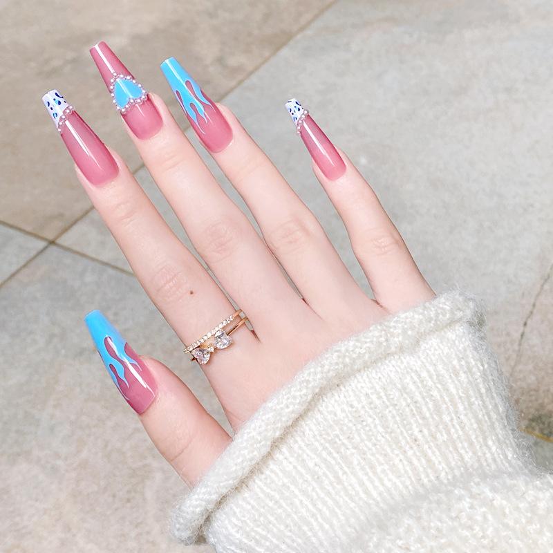 

False Nails Selling Super Long Love Diamond Inlaid Ballet Nail Piece Blue Flame Press On, Red;gold