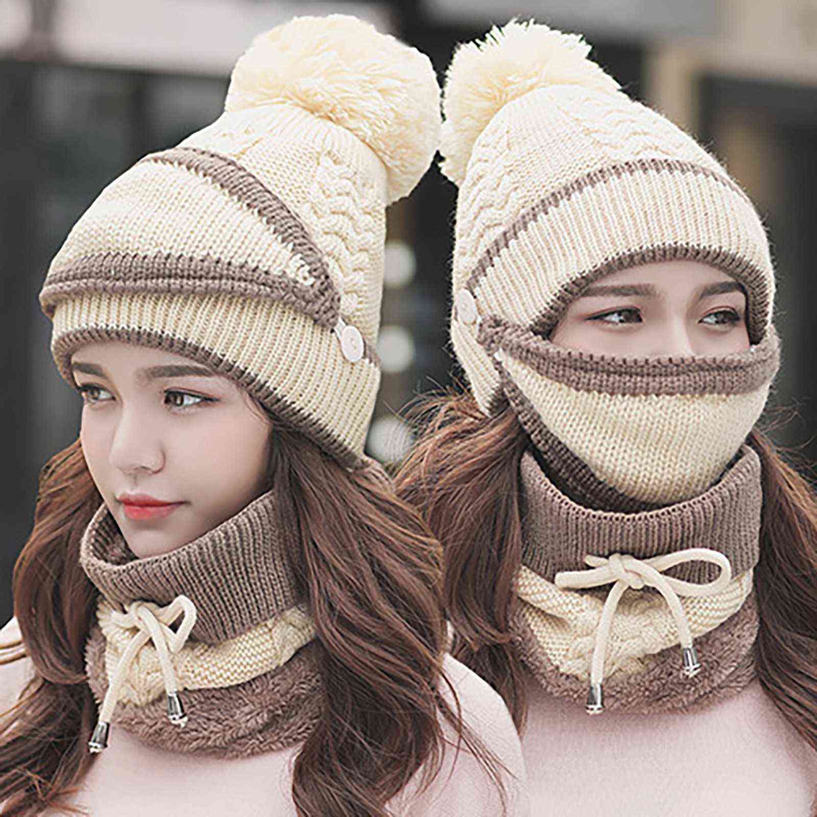 

3pcs Women Winter Beanie Hats Scarf Set Warm Knit Skull Cap Neck Warmer with Thick Fleece Lined and