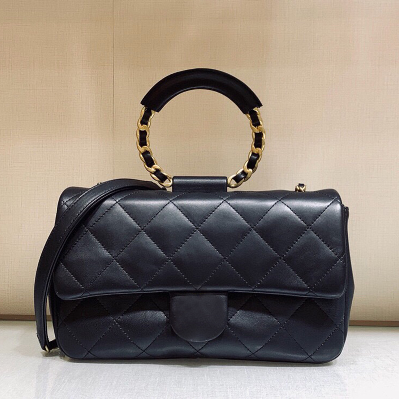 

Ring handle diamond lattice bag 135810 The fat flap Bowling sheepskin chain bag Interior Zipper Pocket Genuine Leather Plain Single