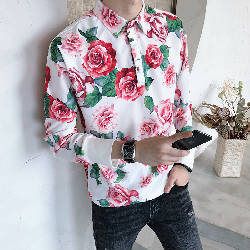 

New Preto/branco Moda Manga Longa Camisas Florais Para Roupas Masculinas 2021 Simples Pullovers Estilo Solto Casual Blusa Homme Streetwear W, White