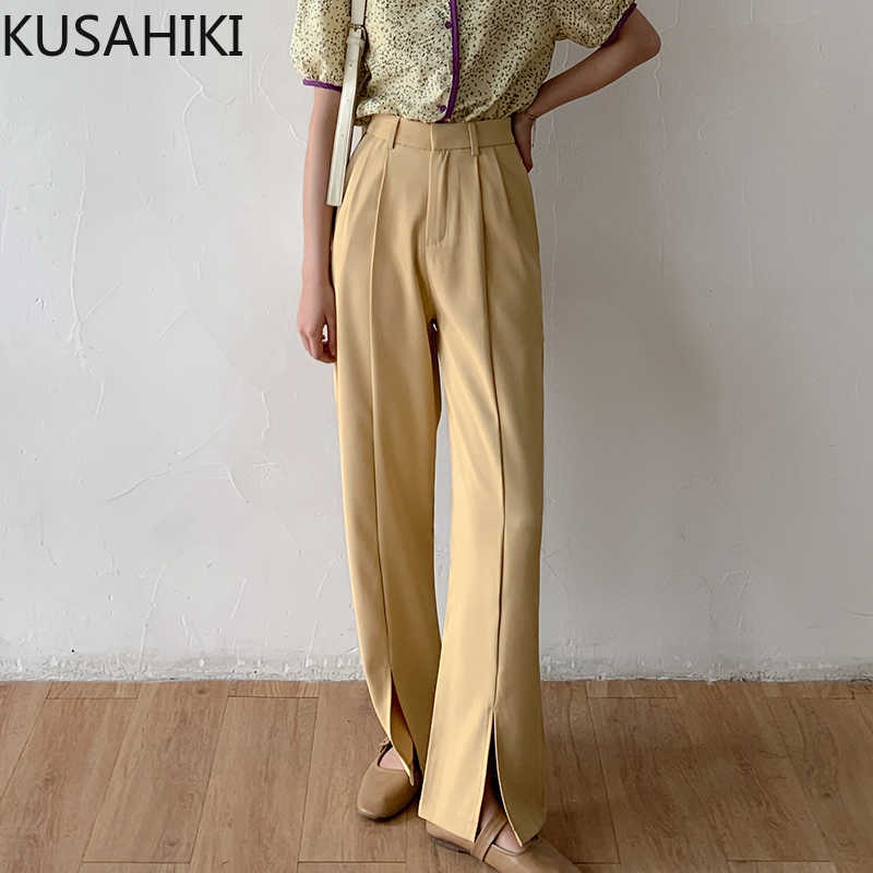 

KUSAHIKI Summer Women Suit Pants Causal Solid High Waisted Long Trousers Fashion Elegant Split Wide Leg Pants Mujer 6H770 210602, Pink