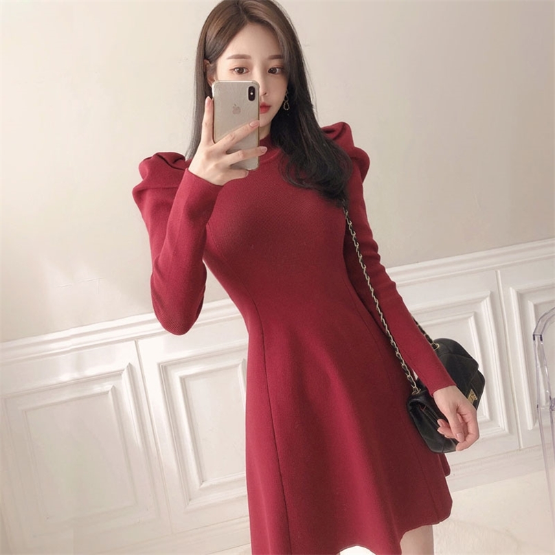 

Winter sweater dress ladies korea long Sleeve crew neck warm Sexy party mini knitted Dresses for women 210602, Burgundy