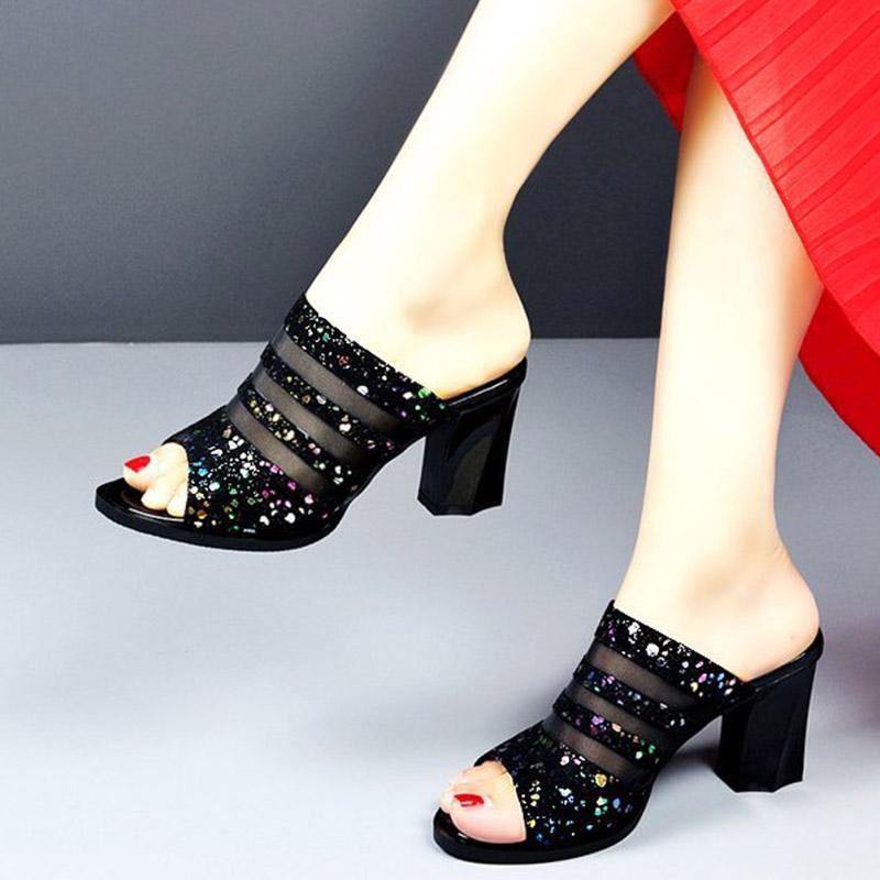 

Slippers 2021 Summer Women High Heels Bling Peep Toe Pumps Glitter Dress Shoes Organza Slides Mesh Female Shoe Beach 9101L