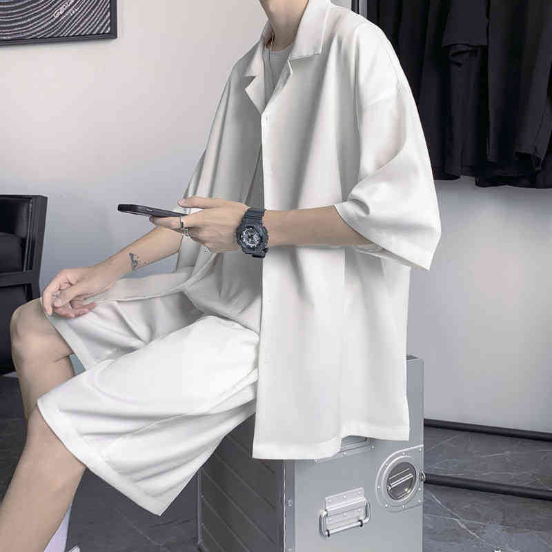 

men's tracksuits summer two-piece sets fashion business society mens dress korean loose short-sleeved shirt shorts men short g6c7, Gray