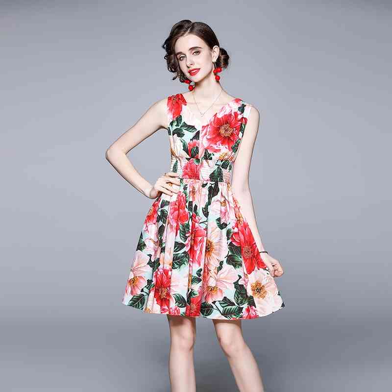 

Banulin Runway Dress Sexy Sleeveless Floral Printed V-Neck Summer Beach Boho Vacation Designer Brand Party Dresses Robe 210603, Red