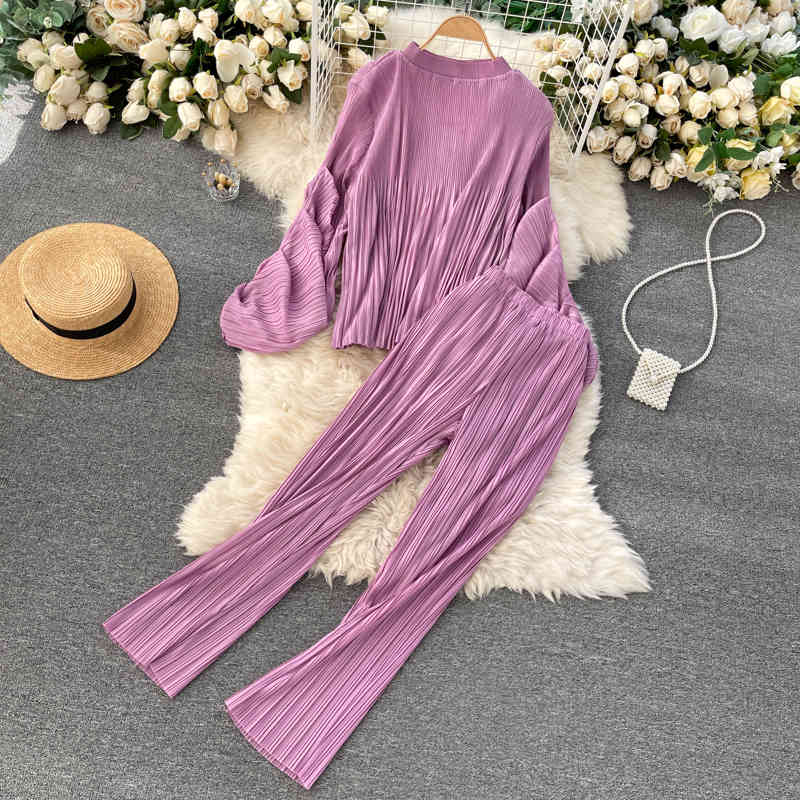 

Spring Arrivals Solid Lantern Sleeve Round Collar Pleated Elastic Loose Casual Two Piece Set MZ728 210525, Pink