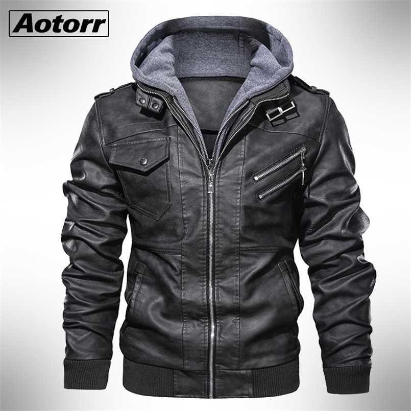Autumn Winter Men's Motorcycle Leather Jacket Windbreaker Hooded Jackets Male Outwear Warm Biker PU Jackets EU Size 3XL 211101
