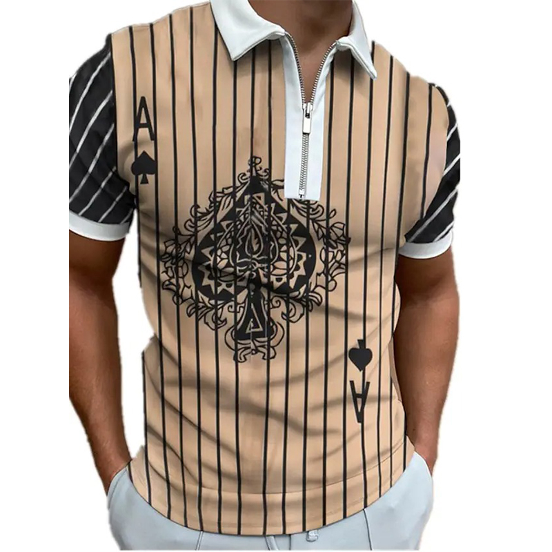 

Playing card printing men's zipper polo shirt, high quality, comfortable, breathable, fashionable and cool, daily business trip, work party, White;black