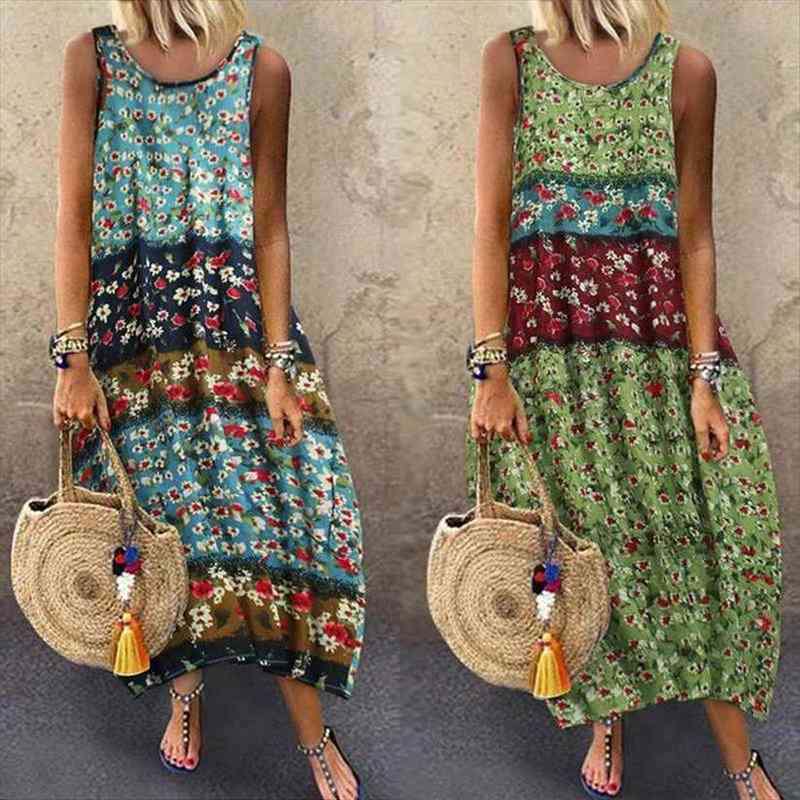 

zanzea vintage cotton maxi women dresses printed sundress casual summer sleeveless long vestido female baggy robe, Black;gray
