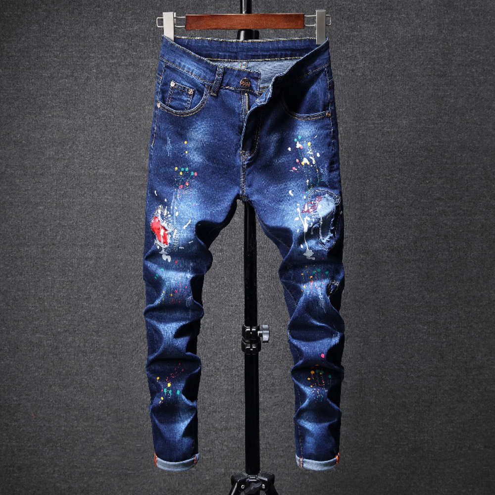 

Personalized perforated spray painted jeans slim elastic Leggings Pants Korean fashion men's wear, Blue