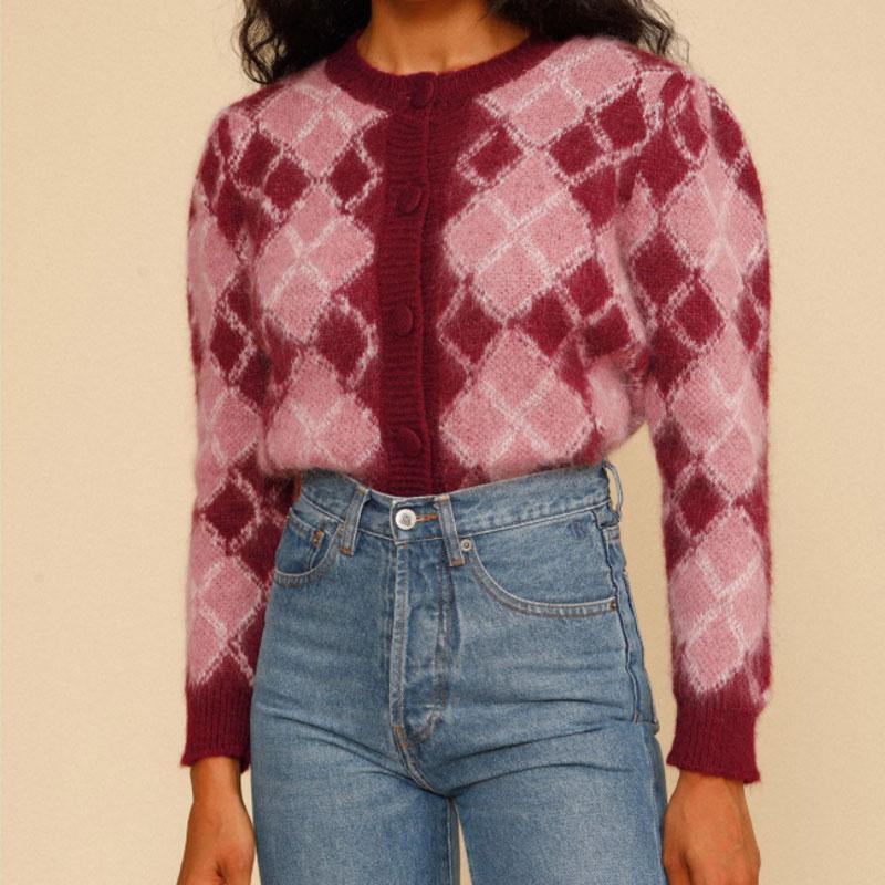 

Women's Knits & Tees Mohair Blend Women Knitted Cardigan Sweater Retro Check Jacquard Temperament Lady 2021 Autumn Winter, White