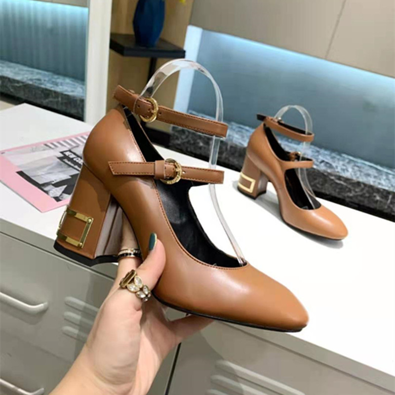 

2021 utumnewmen leather designer high heels sexy thick heel horsehair metal buckle 6.5m dress women's shoes luxurys women's wedding dress letter Shoes Black 34-42 18-5, Extra carton