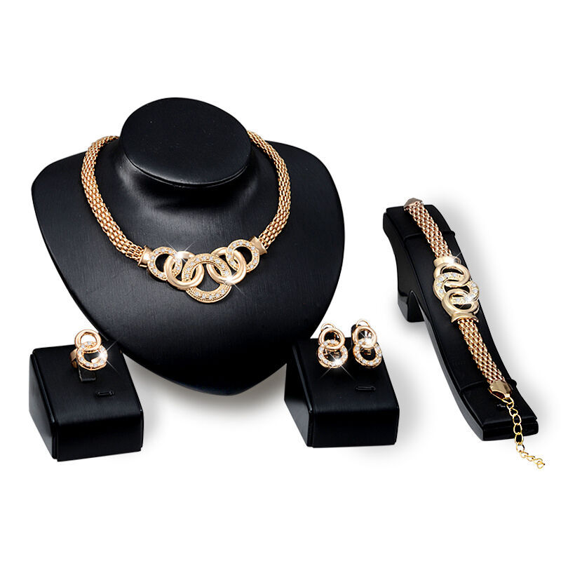 

Bracelets Necklaces Earrings Rings Sets Women Fashion Rhinestone 18K Gold Plated Alloy Circles Party Jewelry 4-Piece Set Wholesale 286 T2