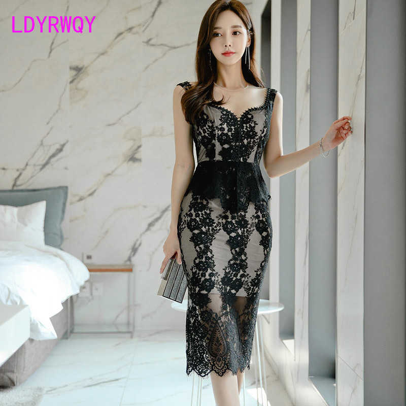 

summer Korean ladies' temperament slim stitching lace bag hip dress Knee-Length Office Lady Lace Sheath 210603, Black