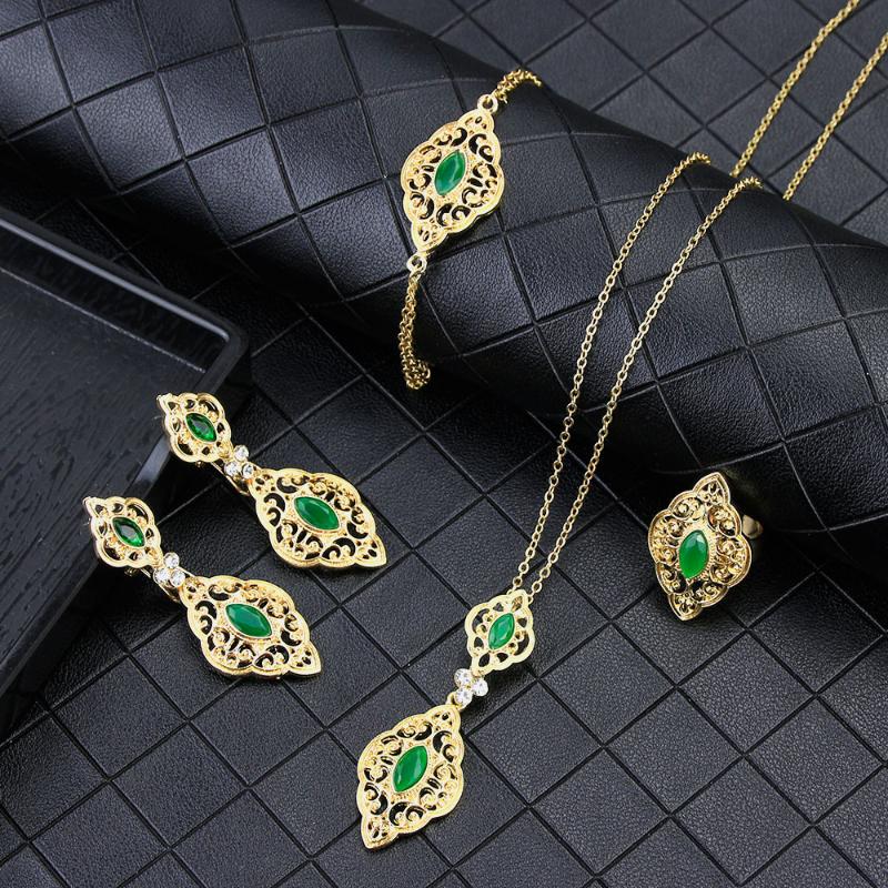 

Sunspicems Fashion Algerian Moroccan Caftan Jewelry Set for Women Gold Color Wedding Earring Necklace Bracelet Ring 4pcs Bijoux, As pic