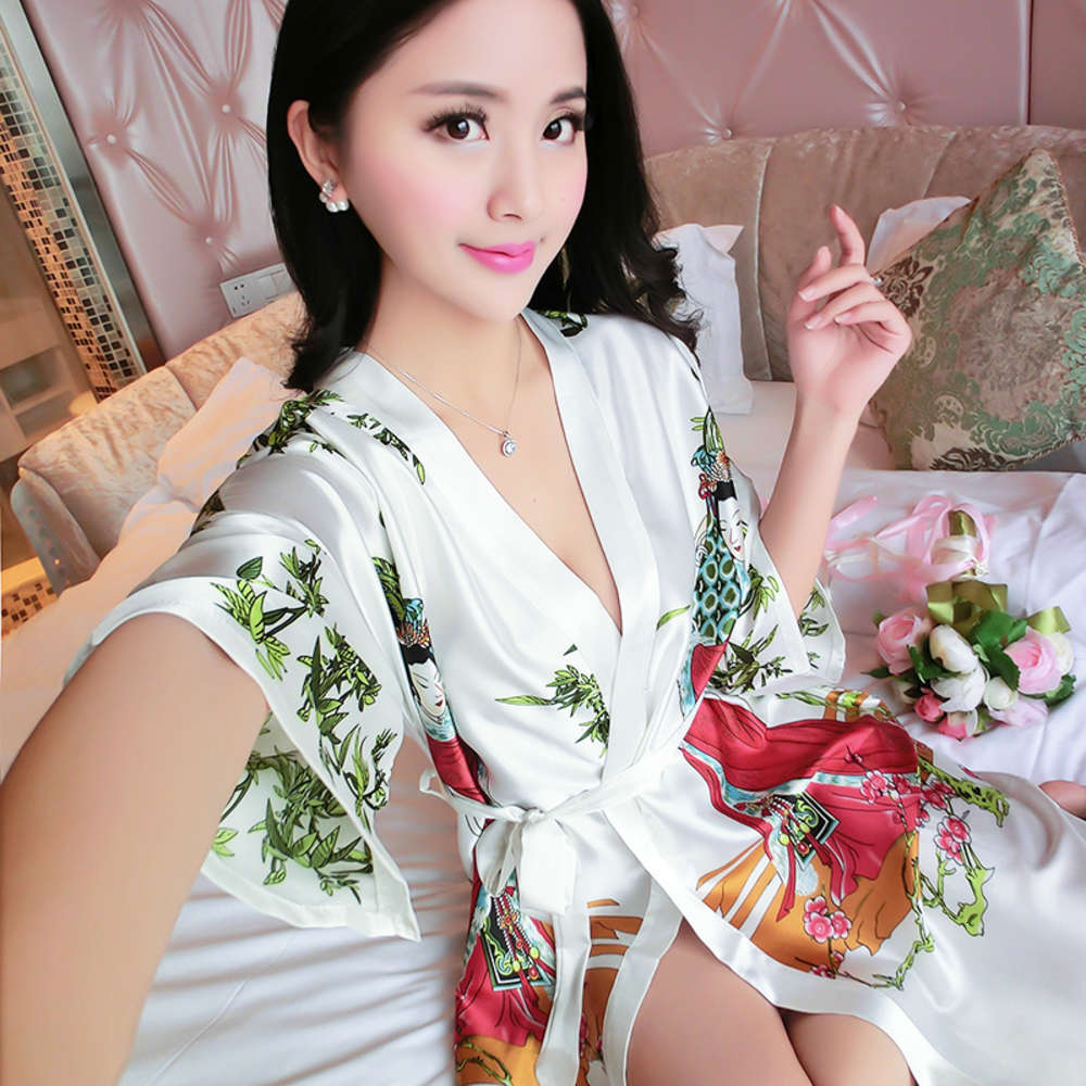 

Sexy robe women's silk like pajamas short sleeve spring and summer bathrobe classic beauty bubble home suit