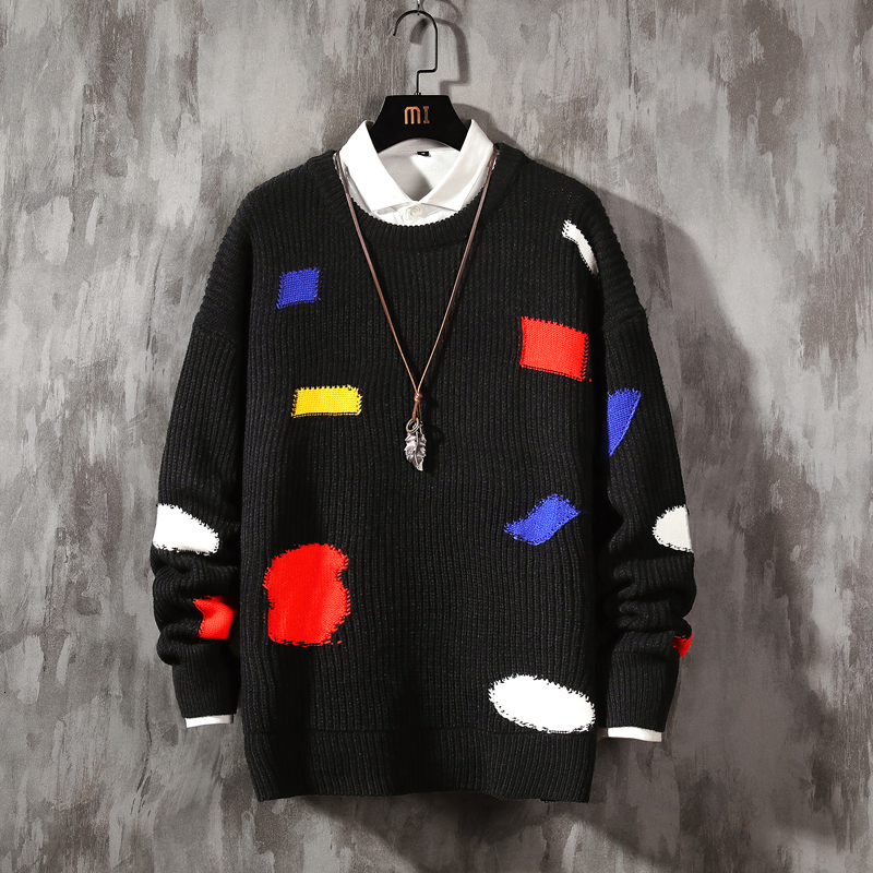 

2021 New Male streetwear retro standard hip hop flame fall pull over elastan the neck oversize casual couple sweaters 7MV5, Khaki.