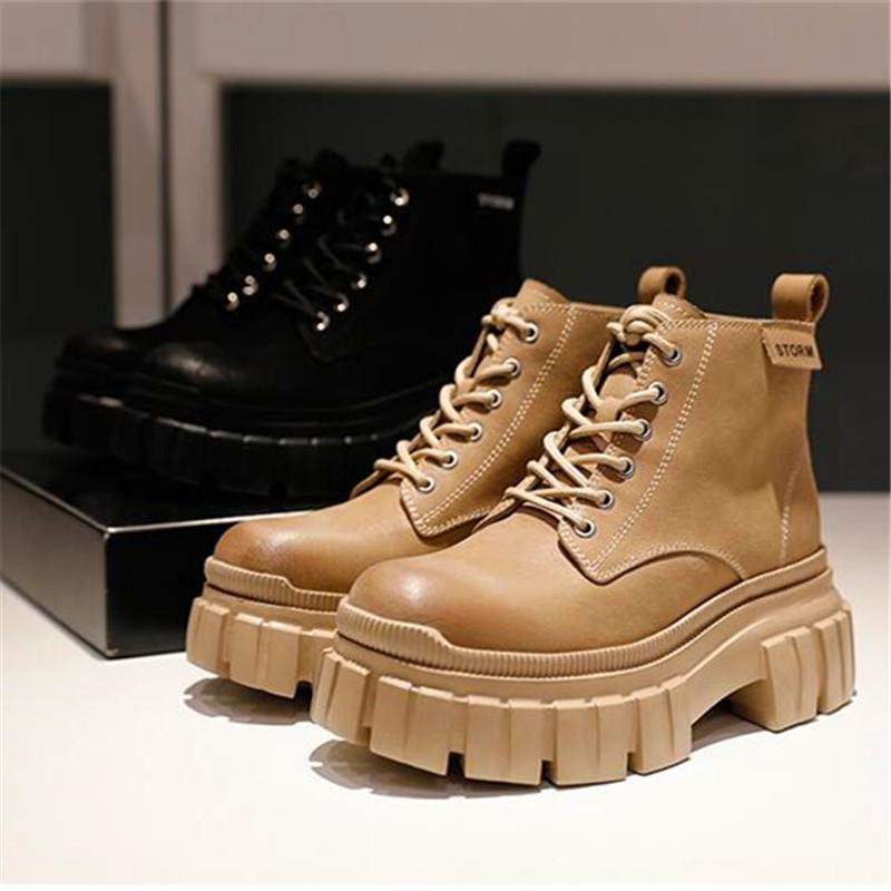 

Boots Thick-soled Increased Women's Casual Black Khaki Frosted Cross Strap Round Toe Winter Leather Short
