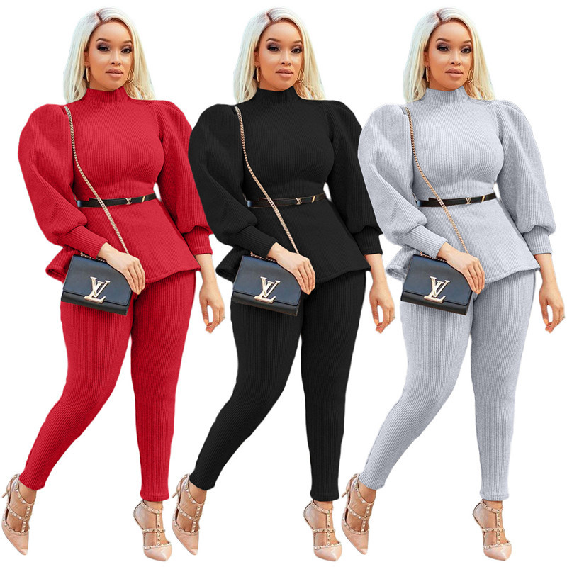 

2021 New Winter Clothes Two Piece Women Bell Sleeve Top Pencil Pants Leggings Sweater Jogger Matching Set Wholesale Dropshipping F7pw, Gray