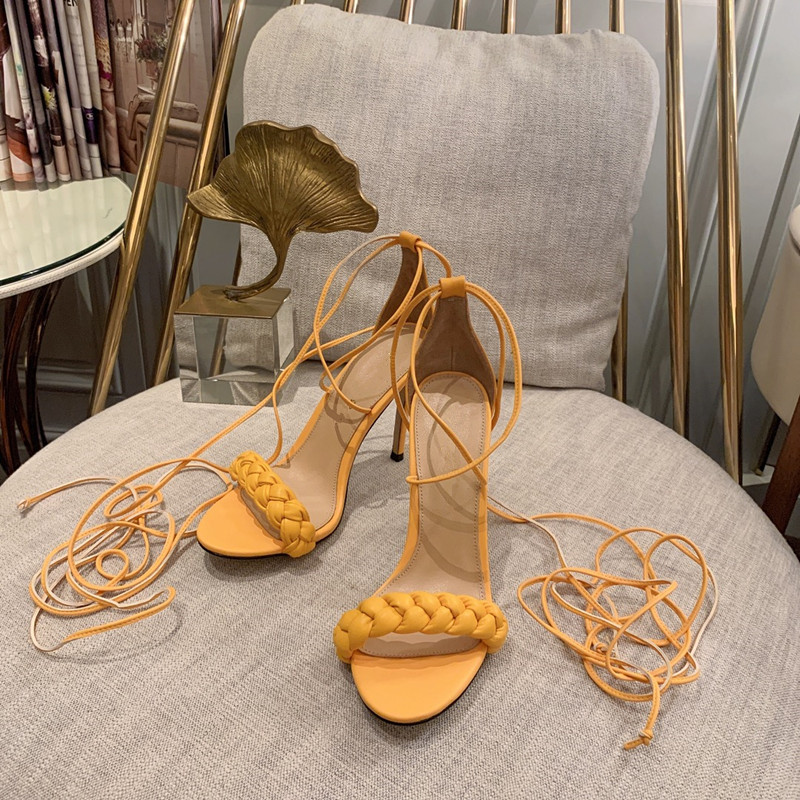 

Newest style hand-knitted women high heel sandals high-quality real leather dress shoes fashion lace-up stilettos daily party, Black