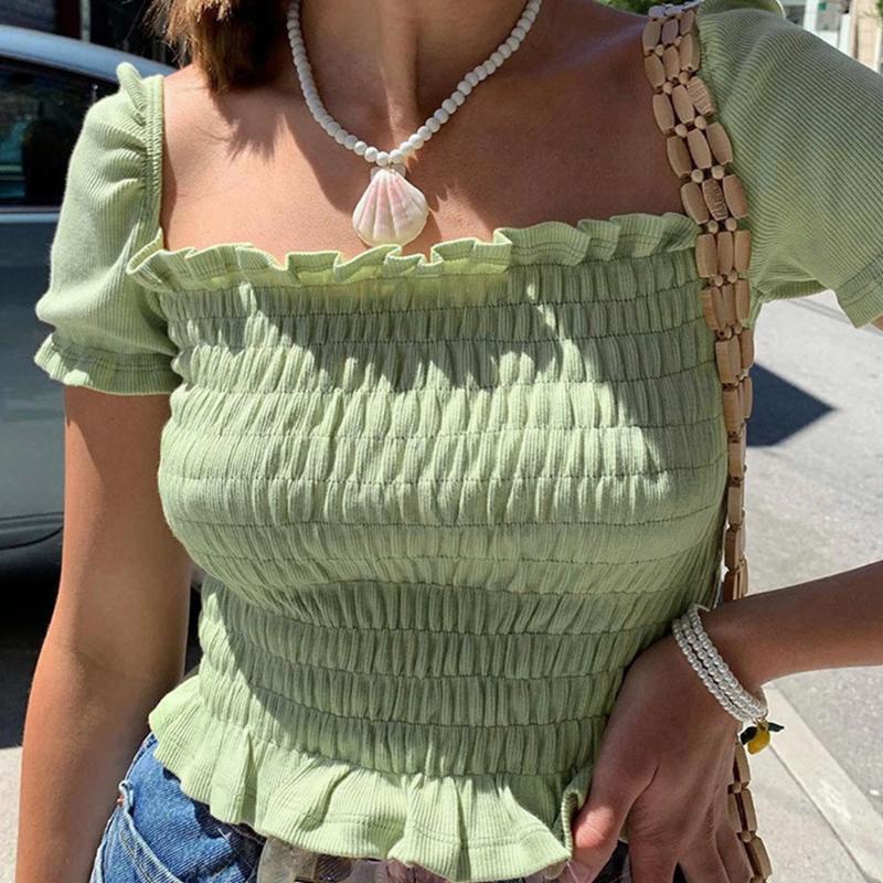 

Women' Blouses & Shirts Ladies Tops Summer Fashion Knitted Women Shirt Blouse Ruffle Short Sleeve Slash Neck Female Mini Crop D30, Green