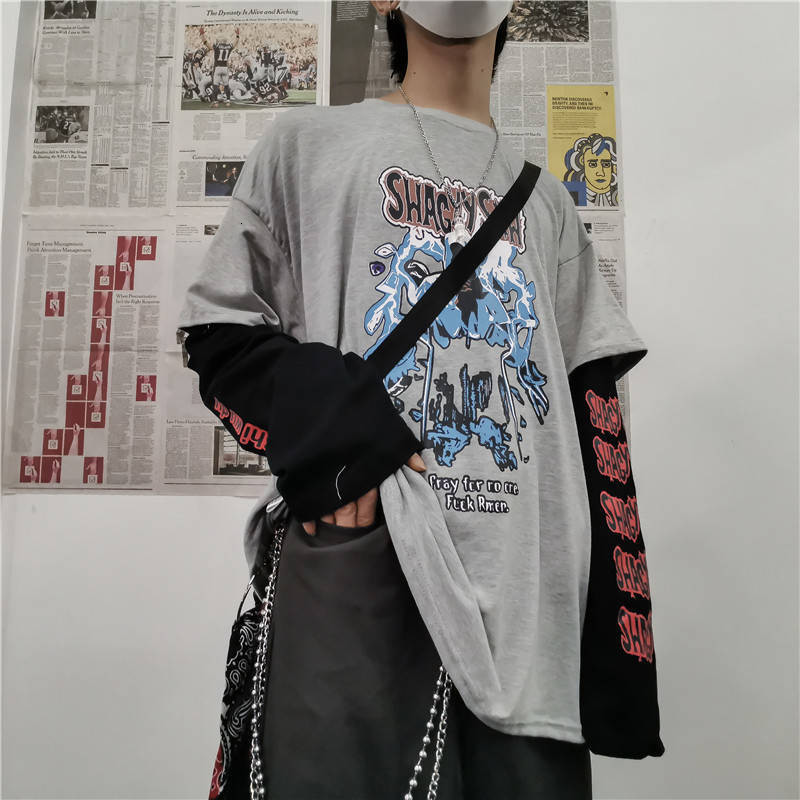 

2021 New Harajuku Hip Hop Camisas Streetwear Vero Dos Homens Casual Manga Longa Tshirts Masculina Moda Retalhos Topo t Awzd