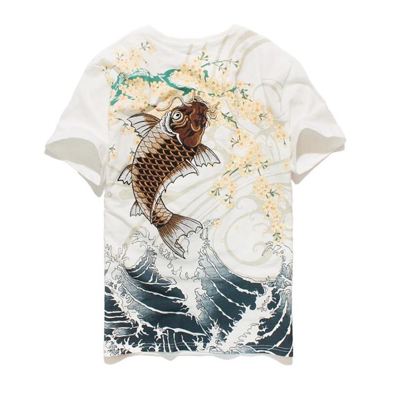 

2021 New Arrival the Neck t Male Shirt Hip Hop Tshirt Original Summer Heavy Embroidered Carp Man of Short Animal Cotton Ivtg, See chart