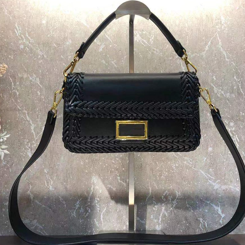 

Women Baguette Medium Handbag Crossbody Bags Hand Woven Shoulder Bag Purse Internal Compartment With Zipper Pocket Parchment Tone Leather Material, Black