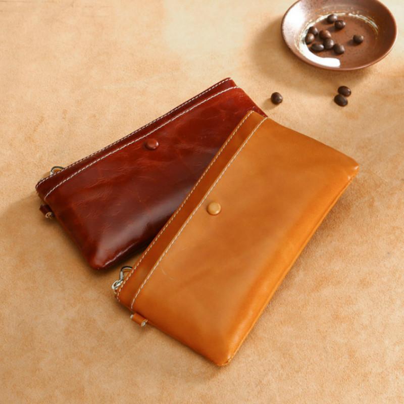 

Wallets 2021 Genuine Oil Wax Real Cowhide Leather Handbag Business Card Holder Coin Purse Pocket Women Men Long Zipper Wristlet, Brown