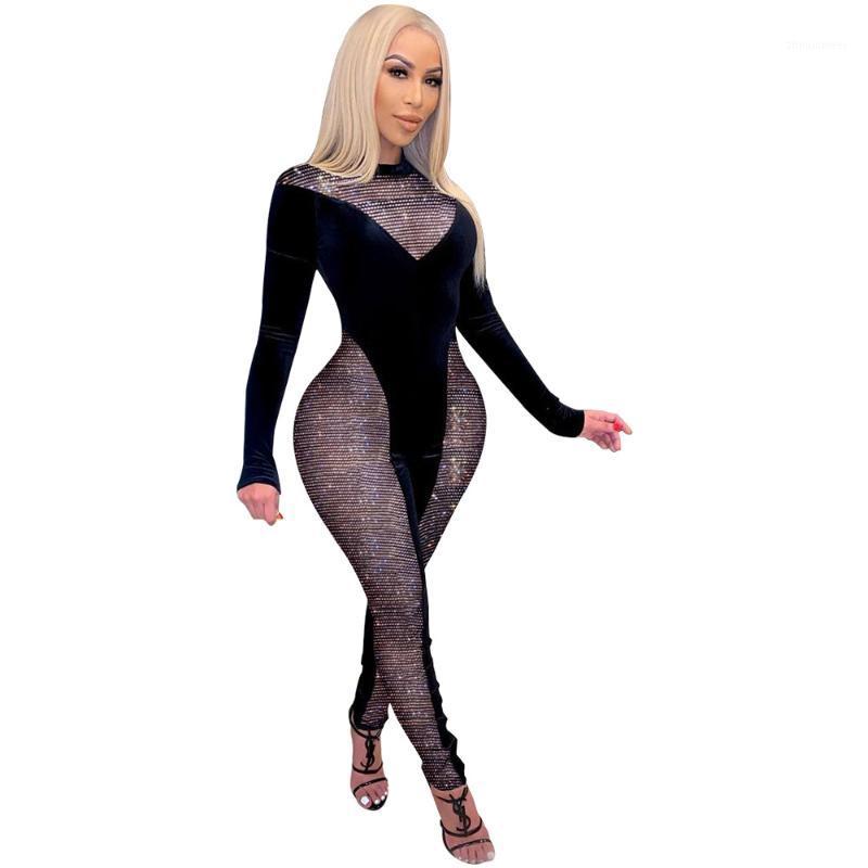 

Women' Jumpsuits & Rompers 2021 Spring Women Jumpsuit Sheer Mesh Color Patchwork Sportswear Bodycon Skinny Long Womens Outfit, Black