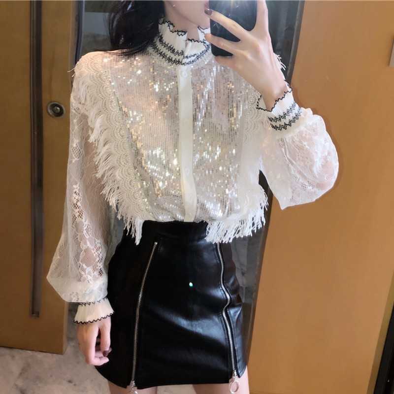 

LACE PUNK STYLE Women shirt Casual Long Sleeve Chiffon chest sequined pocket long sleeve Blouses Loose female Tops Blouse 210601, Black