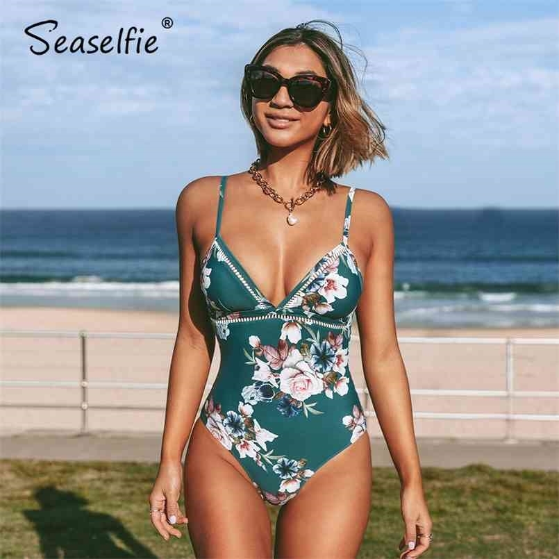 

SEASELFIE V-neck Lace Up Back Swimsuit Women Sexy Green Floral Monokini Swimwear Beach Bathing Suit Beachwear 210630, Multi