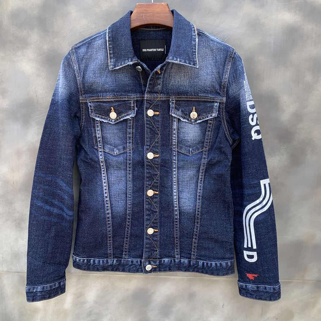 

DSQ Denim Jacket Mens Casual Denim Distress Dan Coat Cotton Turn-down Collar Long Sleeve Bomber jackets for Man 98323, As picture