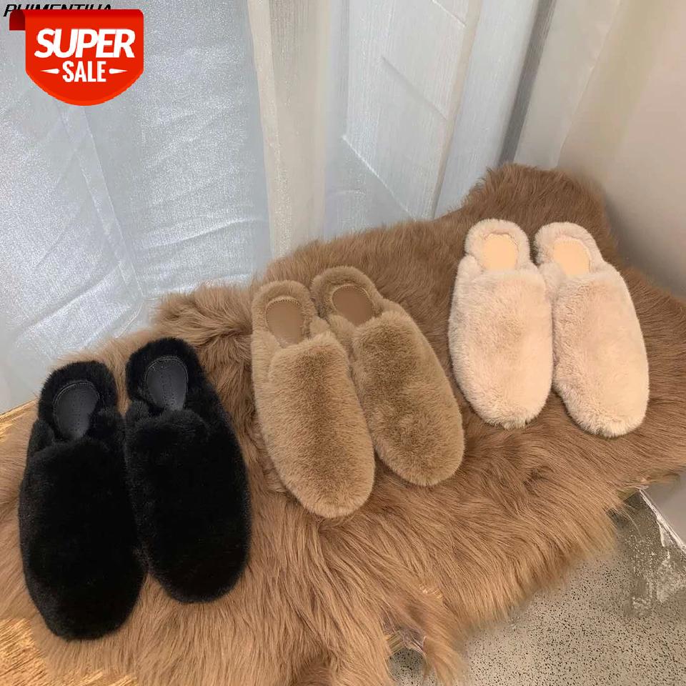 

PUIMENTIUA Solid Color Soft Women Fur Slippers Slip On Mules Winter Home Plush Slippers Rabbit Fur Indoor Shoes Zapatos De Mujer #sL3I, Black