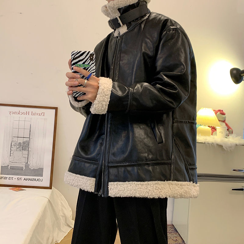 

2021 New Winter Thick Jacket Men's Warmth Fashion Retro Lamb Fur Leather Men Streetwear Loose Korean Short Coat Mens Clothes Y58w, Gray