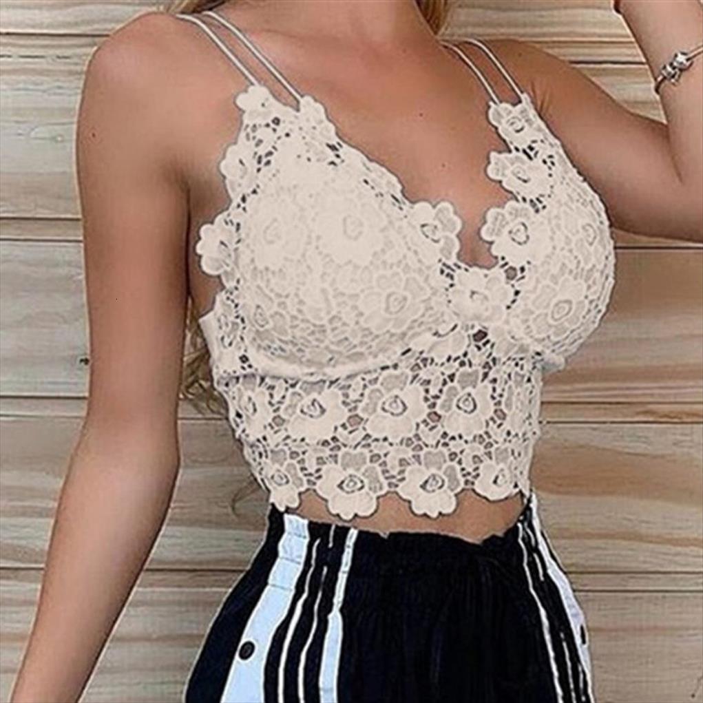 

deep v neck womens tanks spaghetti strap floral lace mesh crop sheer bralette bra unpadded g6w7, White