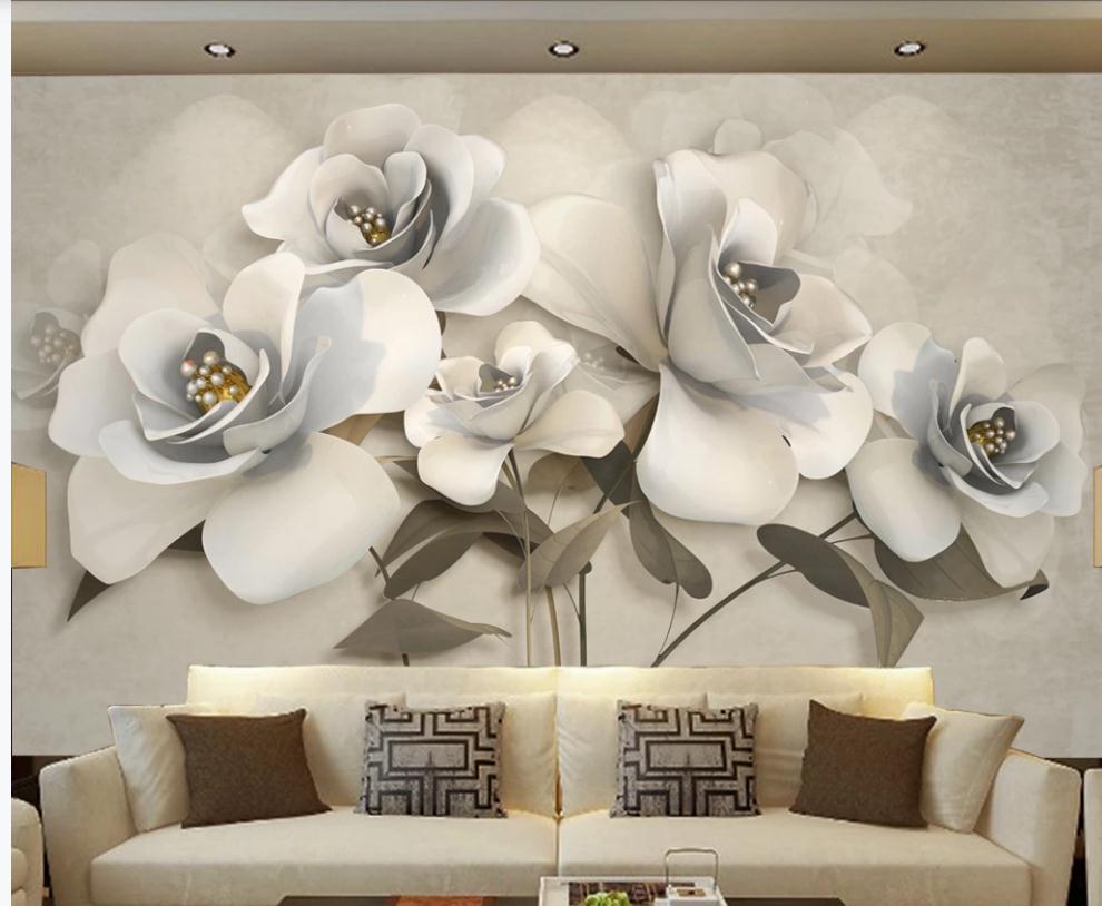 

Beautiful photo wall murals wallpaper light luxury three-dimensional jewelry flower wallpapers 3D TV background wall, White