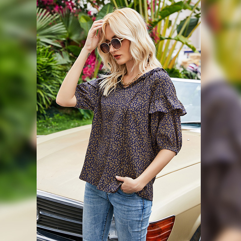 

INS Summer Printed Pullover Drawstring Womens Floral Print Half Sleeve Loose T-shirt European Station Temperament Hooded Top, Picture color