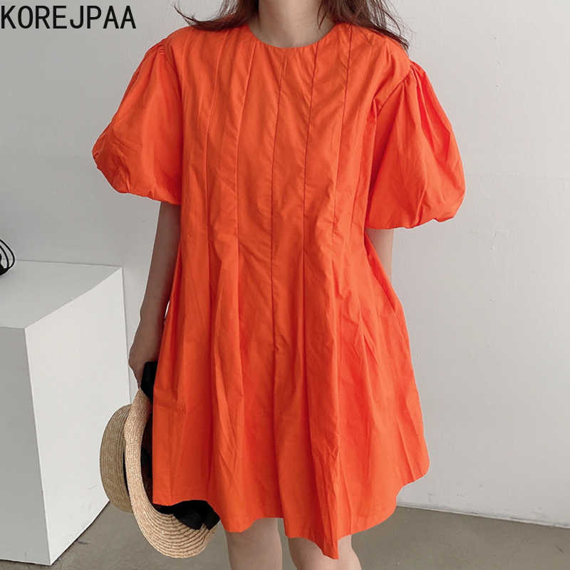 

Korejpaa Women Dress Summer Korean Chic Girls Age-Reducing Solid Color Round Neck Pleated Design Loose Puff Sleeve Vestidos 210526, Black