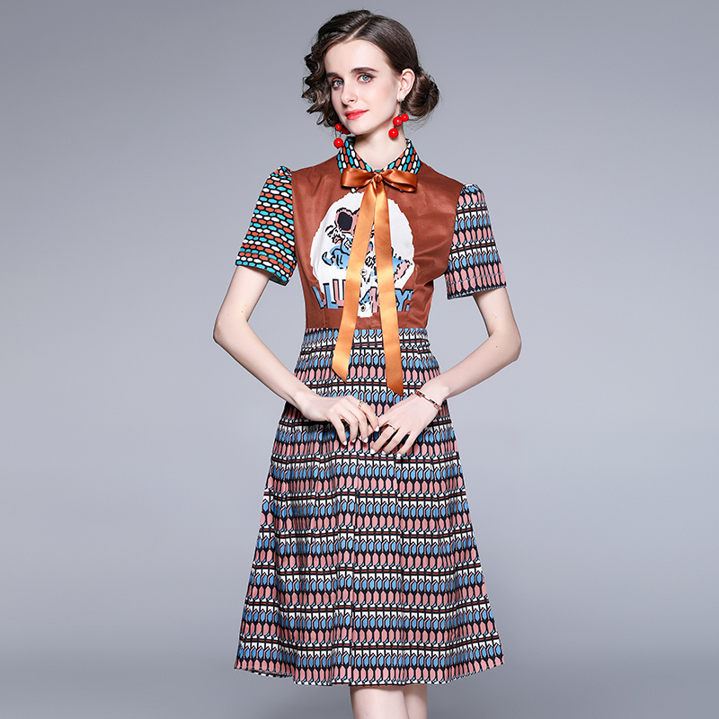 

2021 Printed Ribbon Bow Lace Up Dress Runway Women Designer Short Sleeve Office Elegant Slim A-Line Knee-Length Dresses Summer Autumn Party Cocktail Flowy Cute Frock