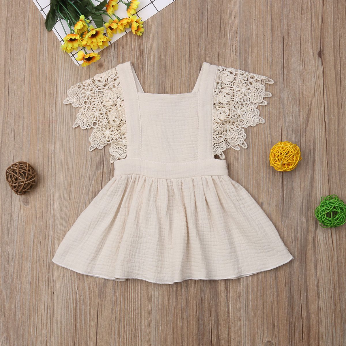 

Kids Baby Girls Dress Lace Floral Party Dress Sleeveless Solid Dress Clothes, Beige