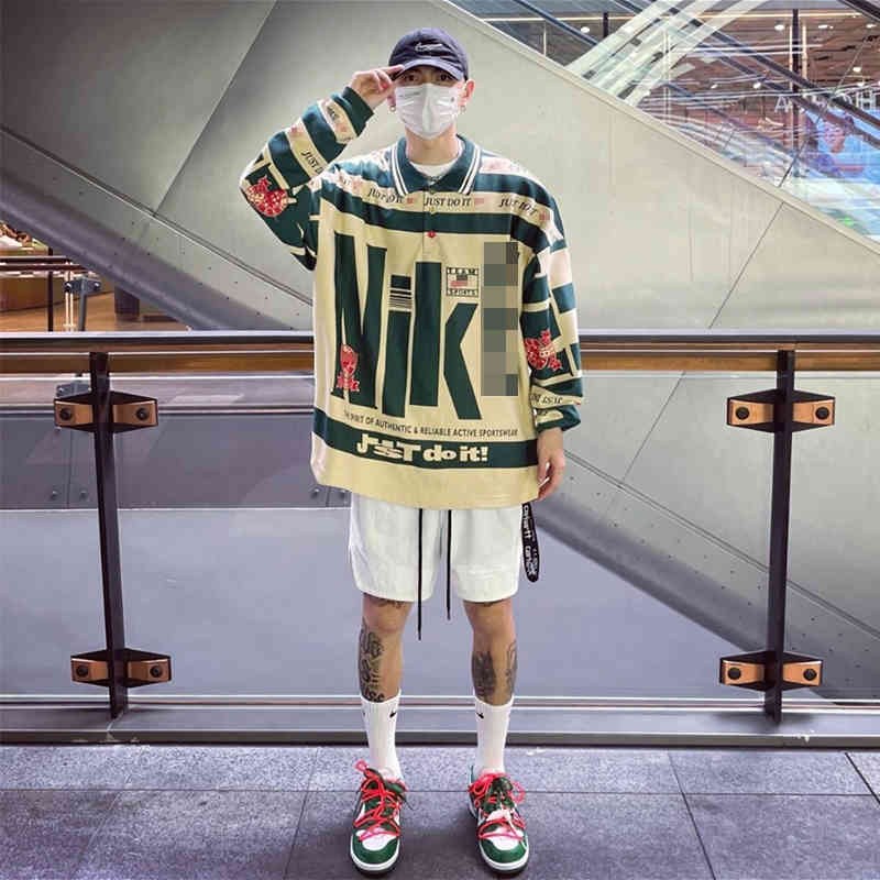 

404 us cpfm co branded hook letter printed wide half button polo long sleeve shirt T-shirt OS md, Dark green