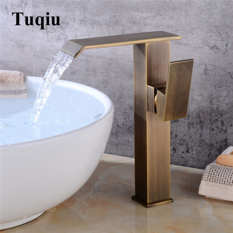 

2021 New Sink Antique Bronze Black Oil Tall Waterfall Bathroom Square Bath Faucet Brass Water Crane Tap 1ggi