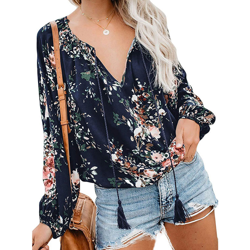 

2021 New Women Vintage Drawstring v Neck Floral Print Blouse Loose Shirt Casual Long Sleeve Tunic Plus Size 3xl Bohemia Tops Tm23, Gray