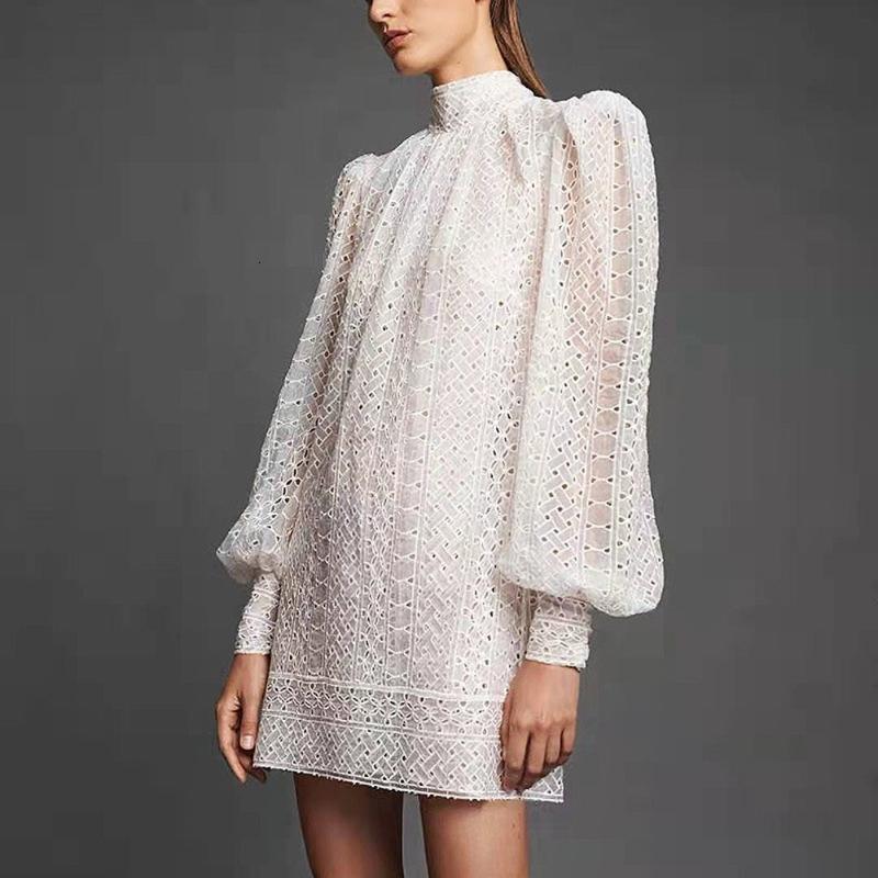 

Casual Dresses Women' Turtleneck Lantern Sleeve Vintage Party Designer Elegant Hollow Out Embroidery White Mini Night, Black