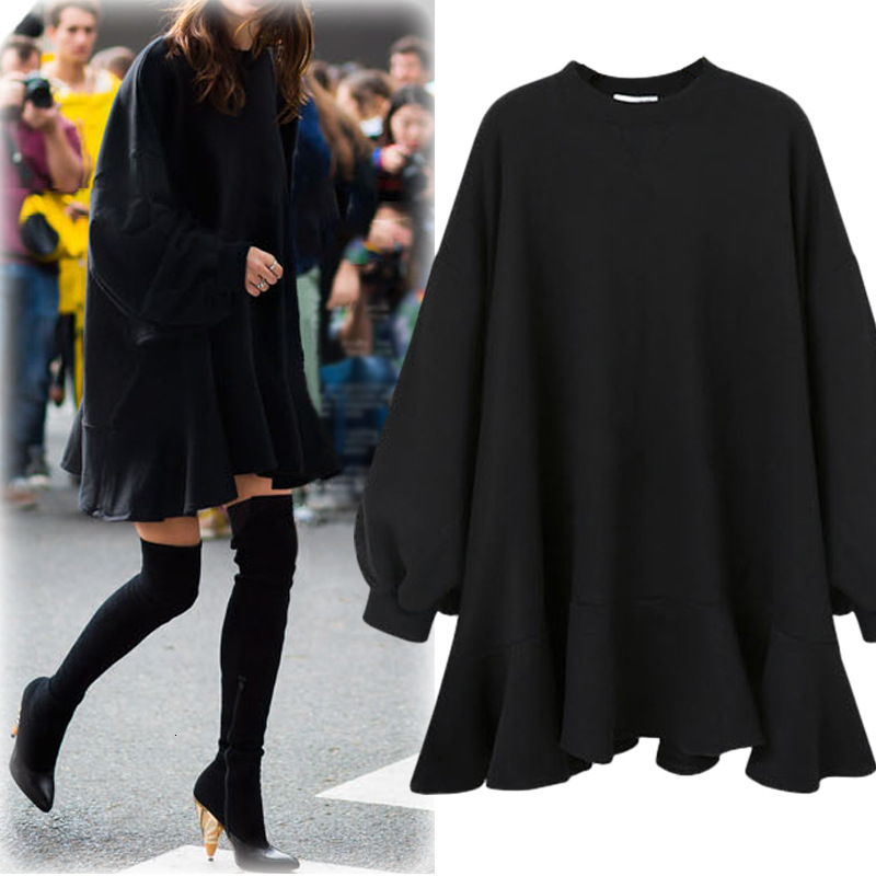 

2021 Women's 2021autumn and Winter New Round Neck Pullover Long-sleeved Warm Lotus Leaf Solid Color Sweaterskirts Jacket Female Xk39, Black