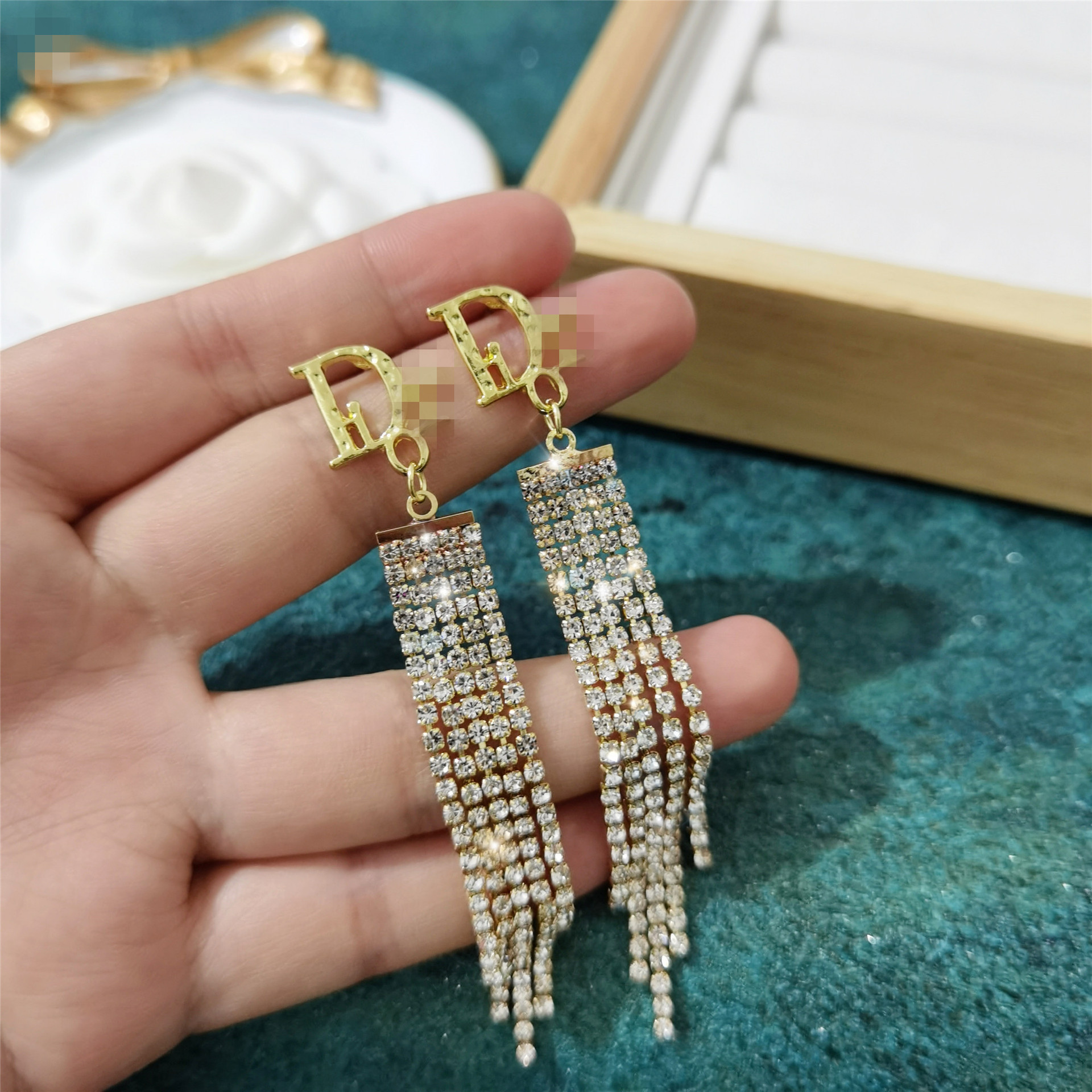 

19style 18K Gold Plated Double Letter Stud Luxury Classic Brand Letters Round Earrings Women Pearl Crystal Rhinestone Wedding Party Jewelry, Golden;silver
