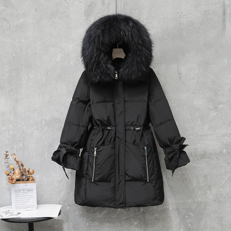 

2021 New Winter Jacket Large Artificial Fur Hooded 90% Duck Long Parka Streetwear Loose White Snow Down Coat Outwear 9ba1, Black